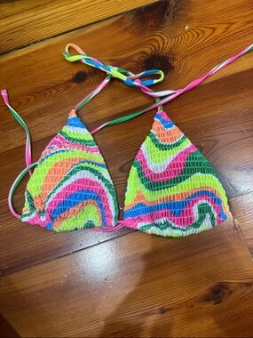 Multicolor Wave Smocked Triangle Bikini Top
